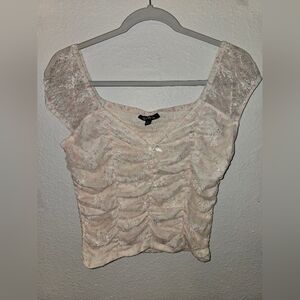 Self Esteem Floral Coquette Pink Lace Cap Sleeve Blouse With Bow Size Large